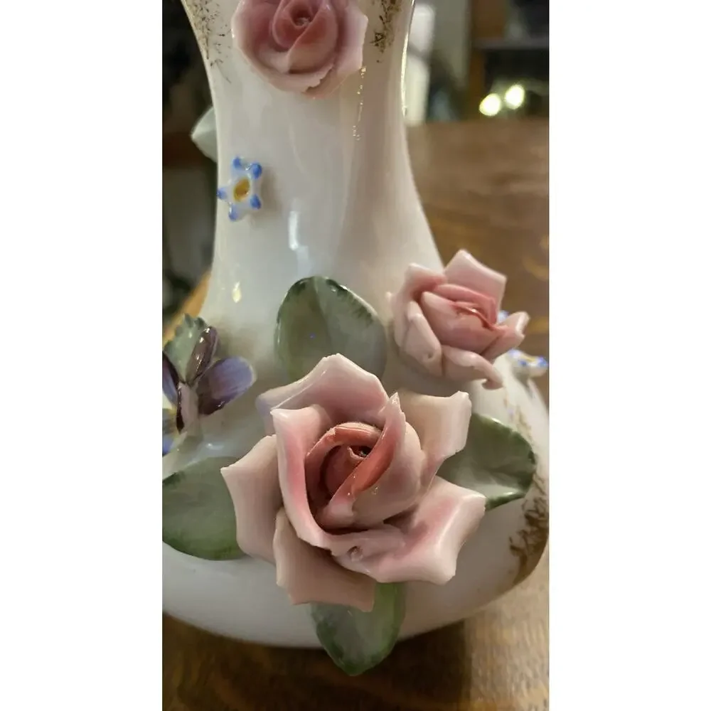 Lefton Hand-painted 6” Roses Gold Trim Blue Purple Flowers 6” Bud Vase